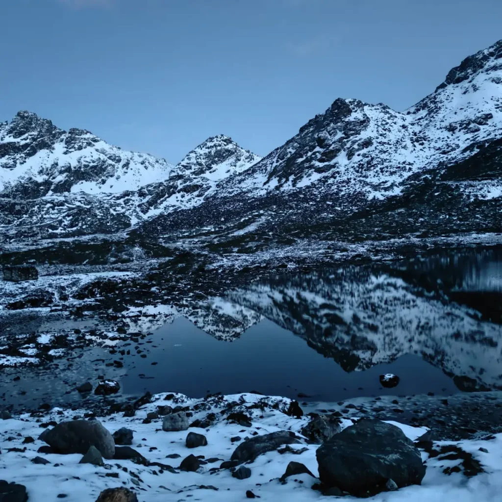 On the way Bumla with fresh snowfall enveloping the mountains and lakes.