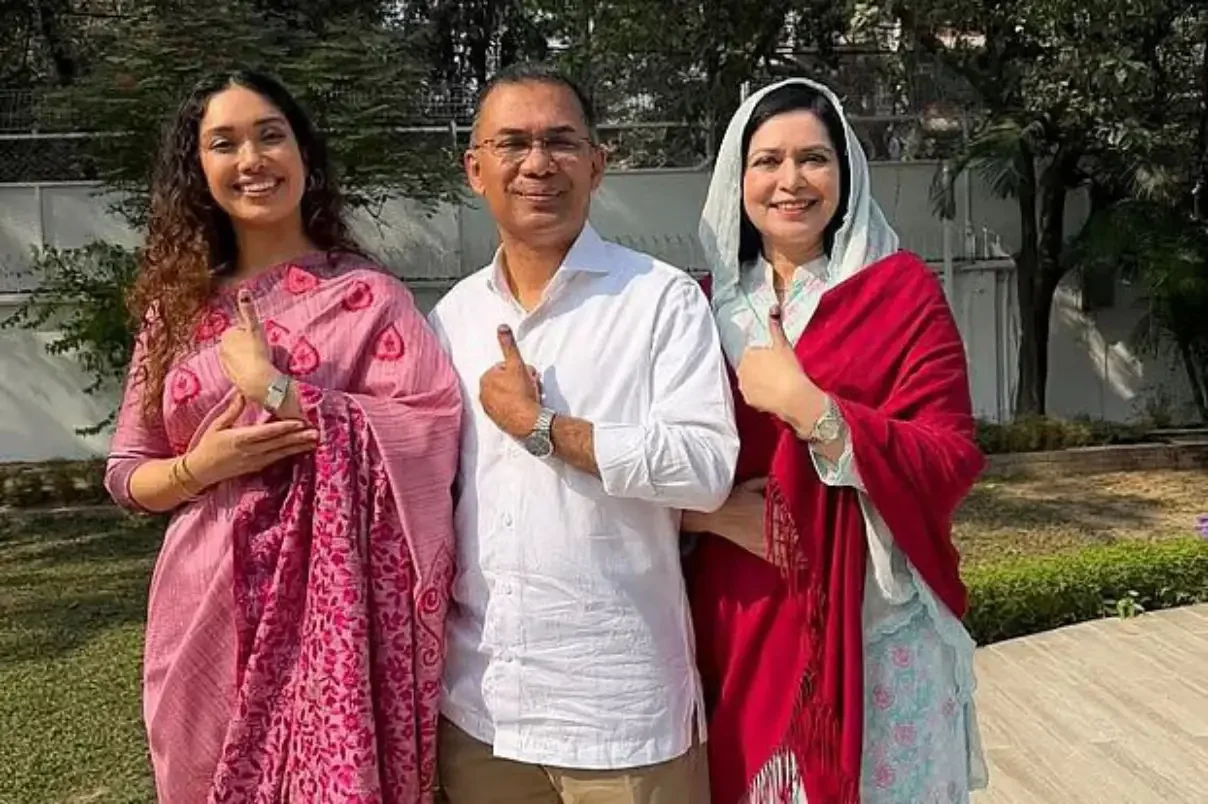 BNP leader Tarique rahman after casting his vote with his family.