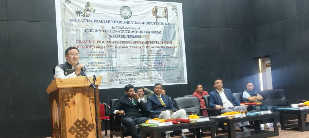 A dignitary speaks at a rural entrepreneurship workshop organised in Tawang, promoting enterprise development and livelihood opportunities.
