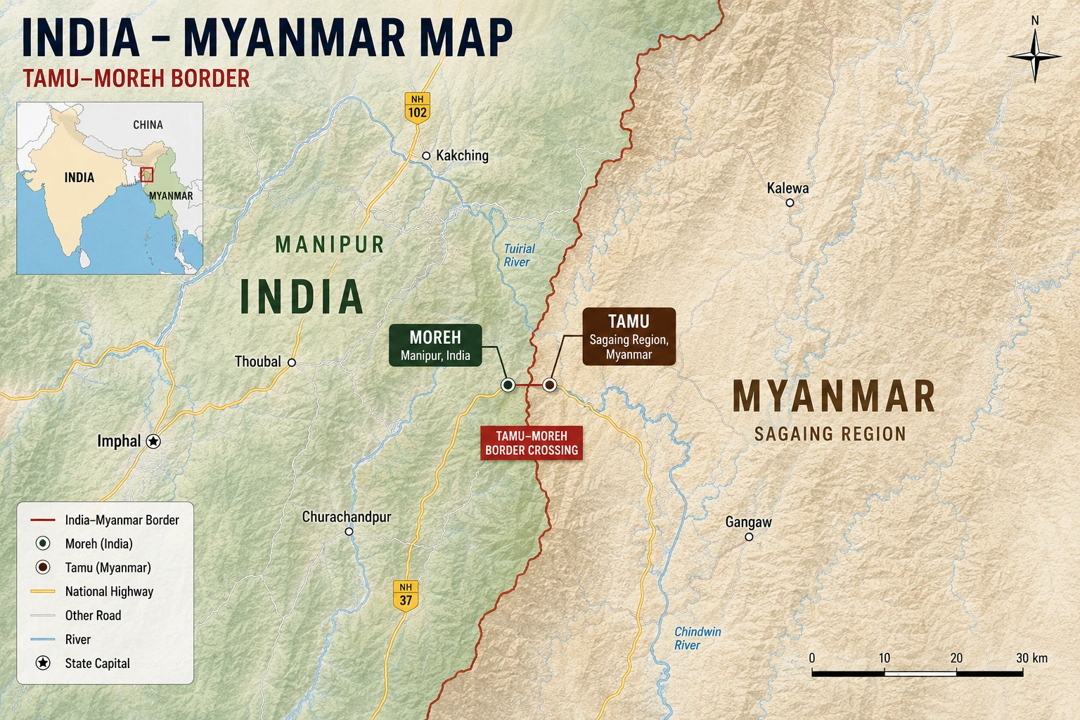 Khampat town in Sagaing region of Myanmar on the India-Myanmar border near Tamu.