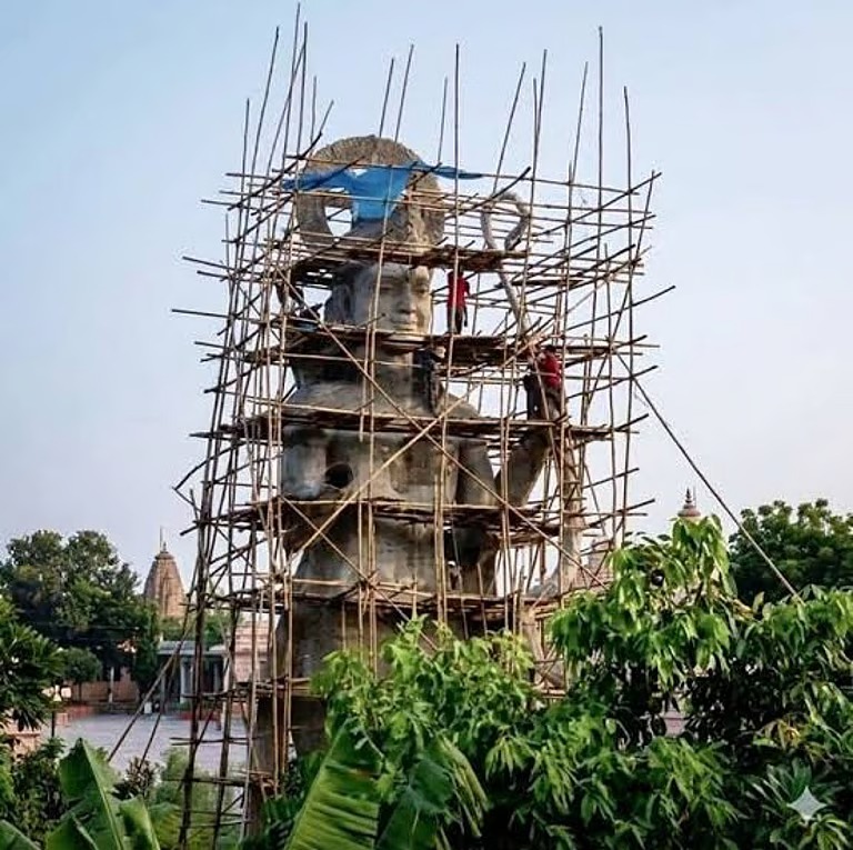 The unfinished Ram statue under construction at the Shri Shri Radha Gobinda and Kali Temple in Palashbari.